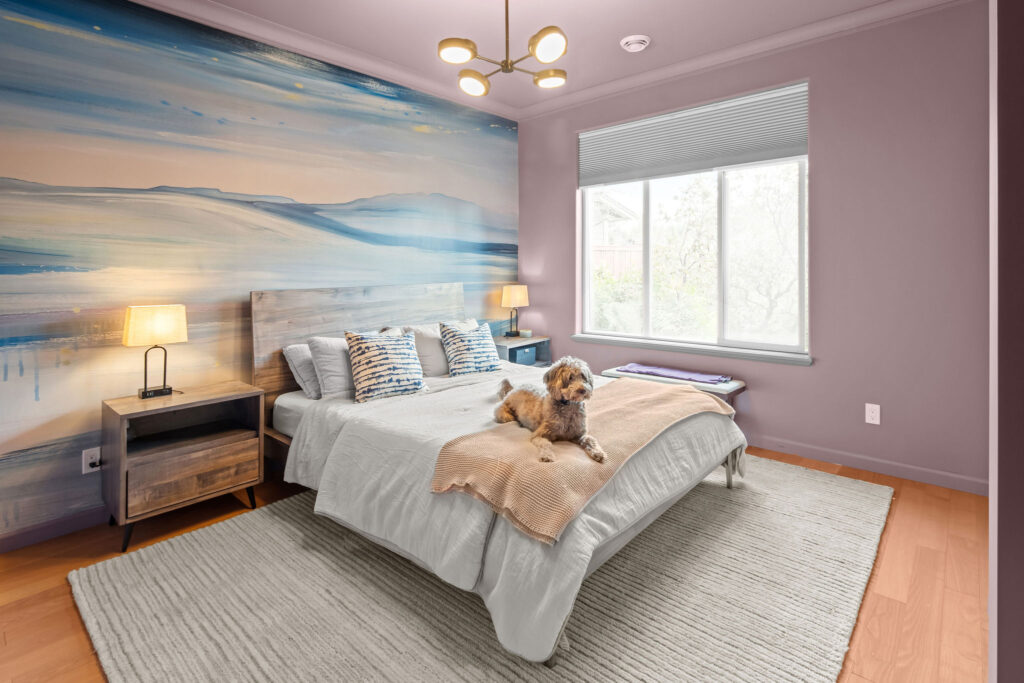 [Check out our West Coast Drift Project where we colour-drenched this bedroom. The walls, trims & ceiling were all the same colour.]