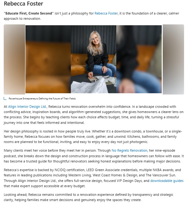 Rebecca Foster featured in MSN article 'Powerhouse Entrepreneurs Defining the Future of Their Fields' for her educate-first bathroom renovation approach.