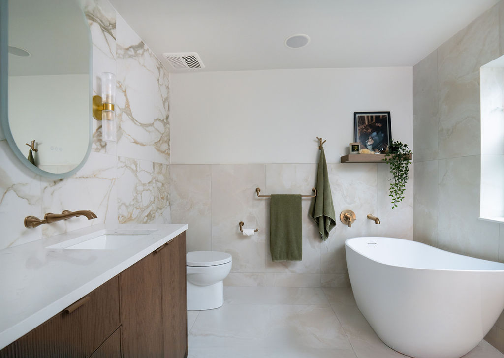 Freestanding bathtub in luxury bathroom designed by Align Interior Design, residential renovation in Pitt Meadows, BC
